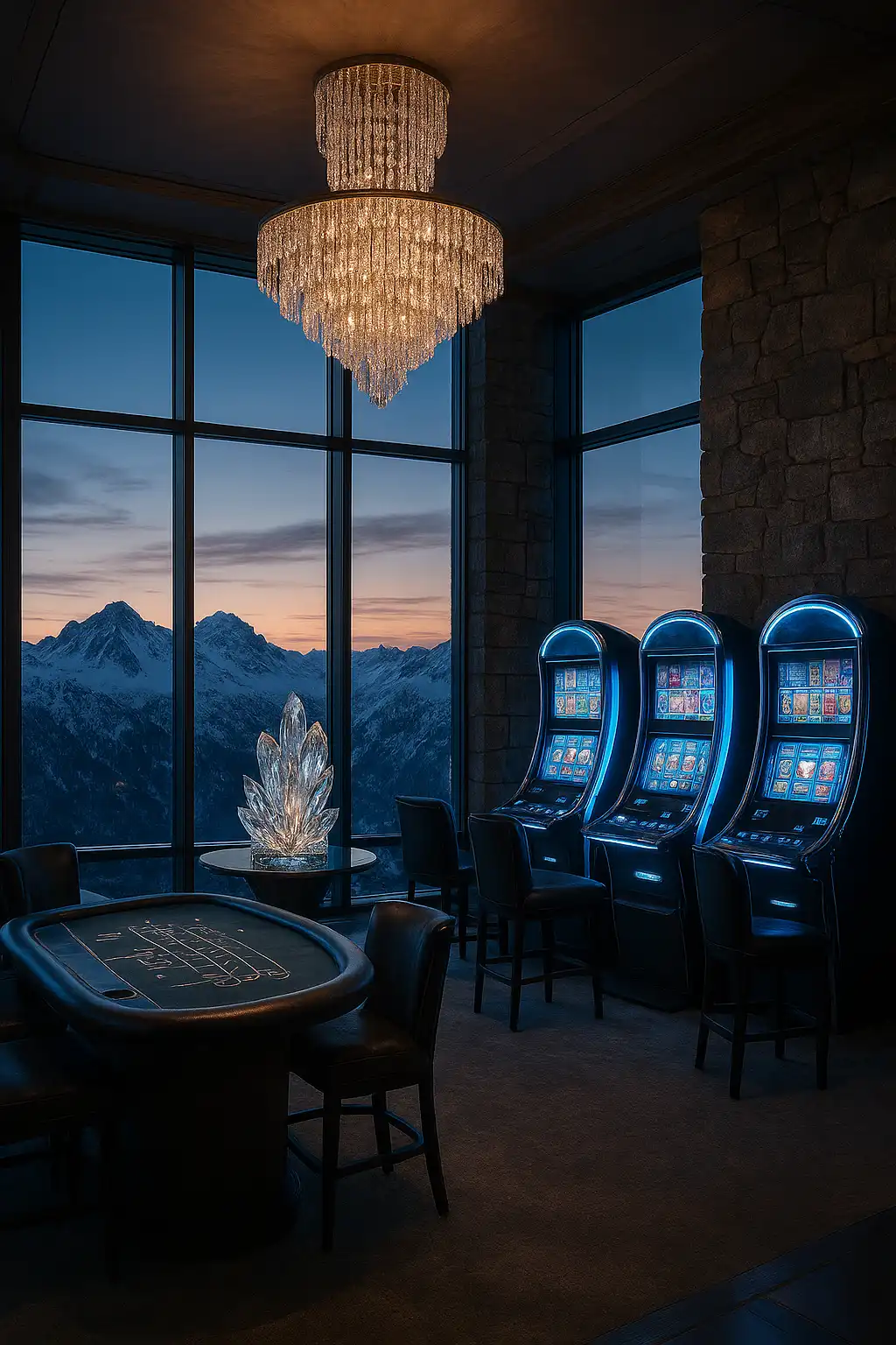 Reelson Casino lounge overlooking icy mountain peaks with elegant slot machines